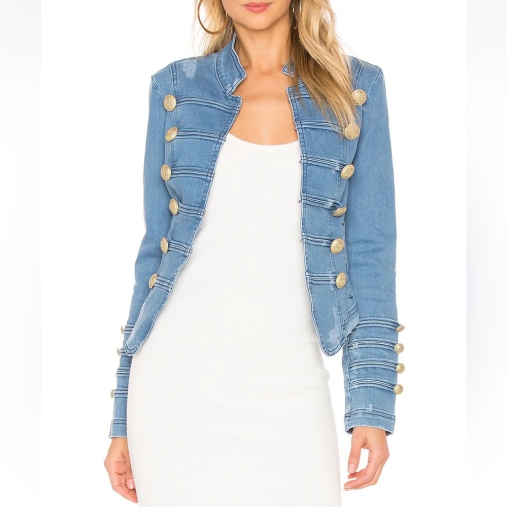 Free People Military Denim Jacket Gold Button Band Jacket XS - Picture 3 of 10